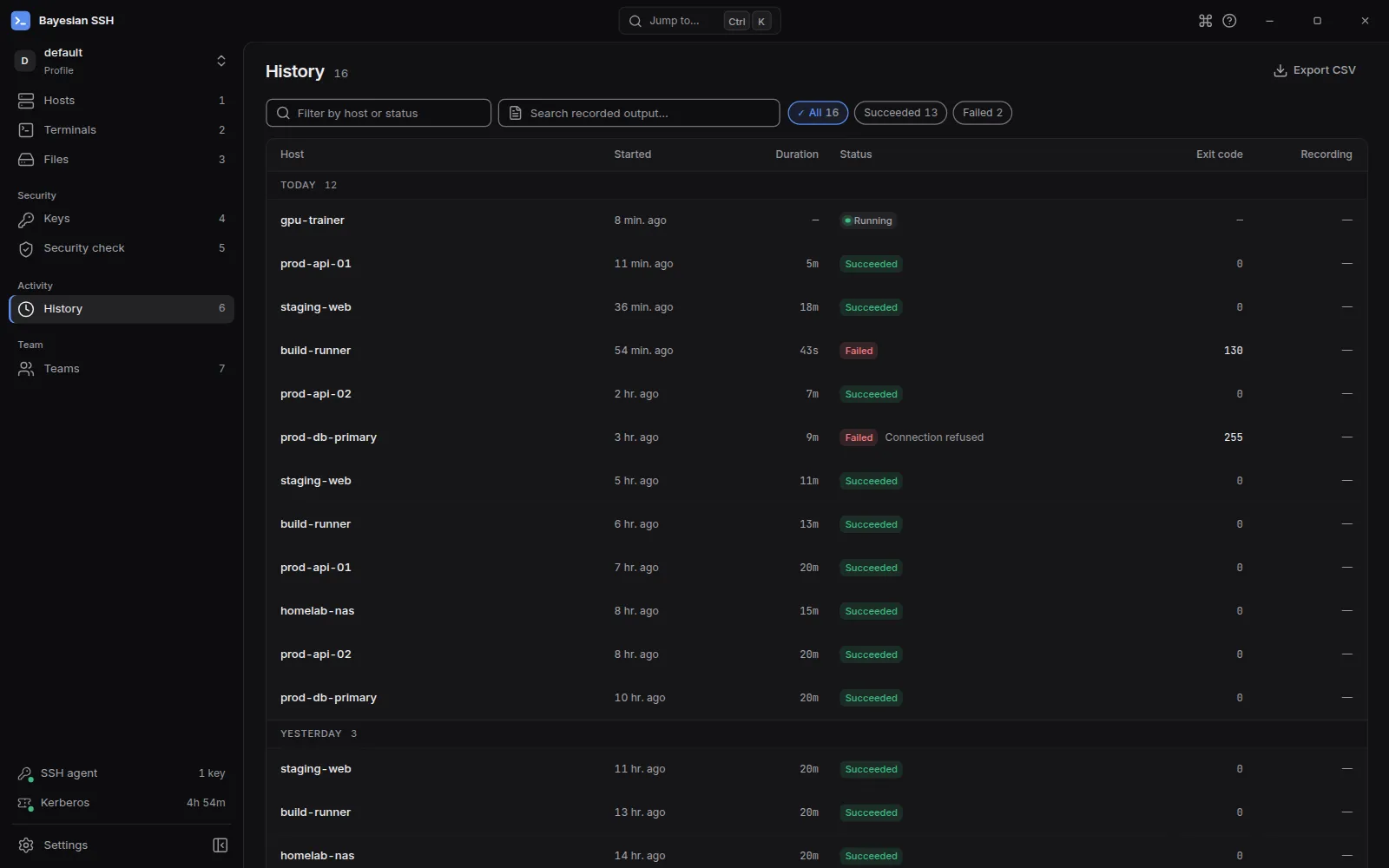 The desktop app History view showing past sessions, status chips, and filters
