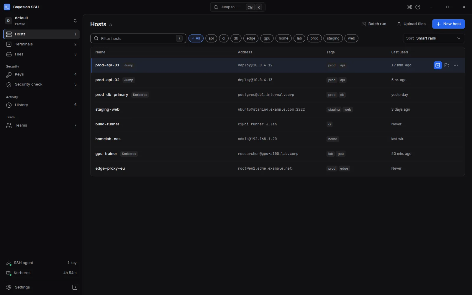 The Bayesian SSH desktop app listing saved hosts with their tags and last use