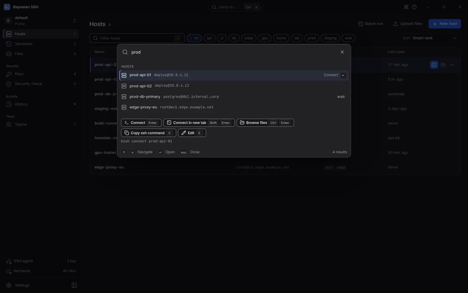 Command palette searching actions and host verbs