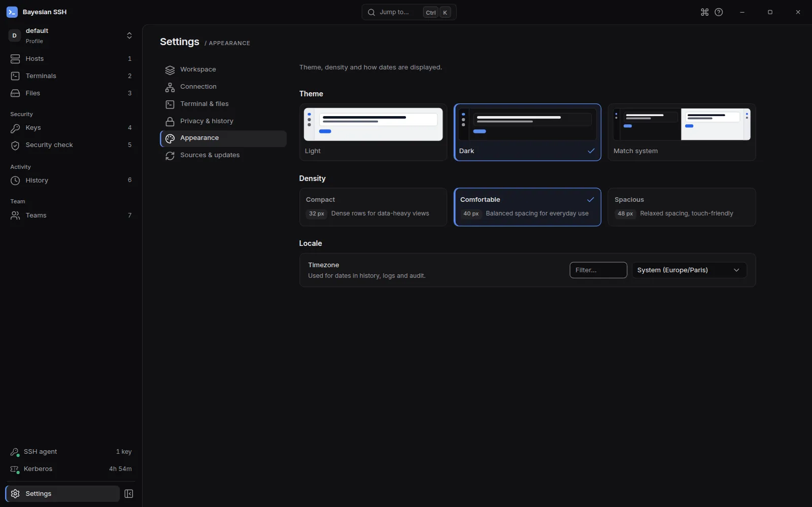 Appearance settings showing theme and density options