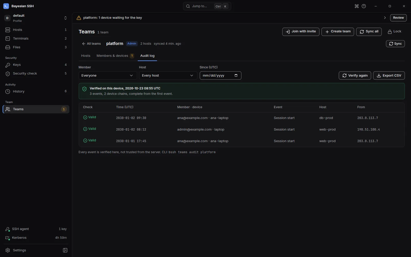 The Audit log tab: verdict, filters, per-event checks and CSV export
