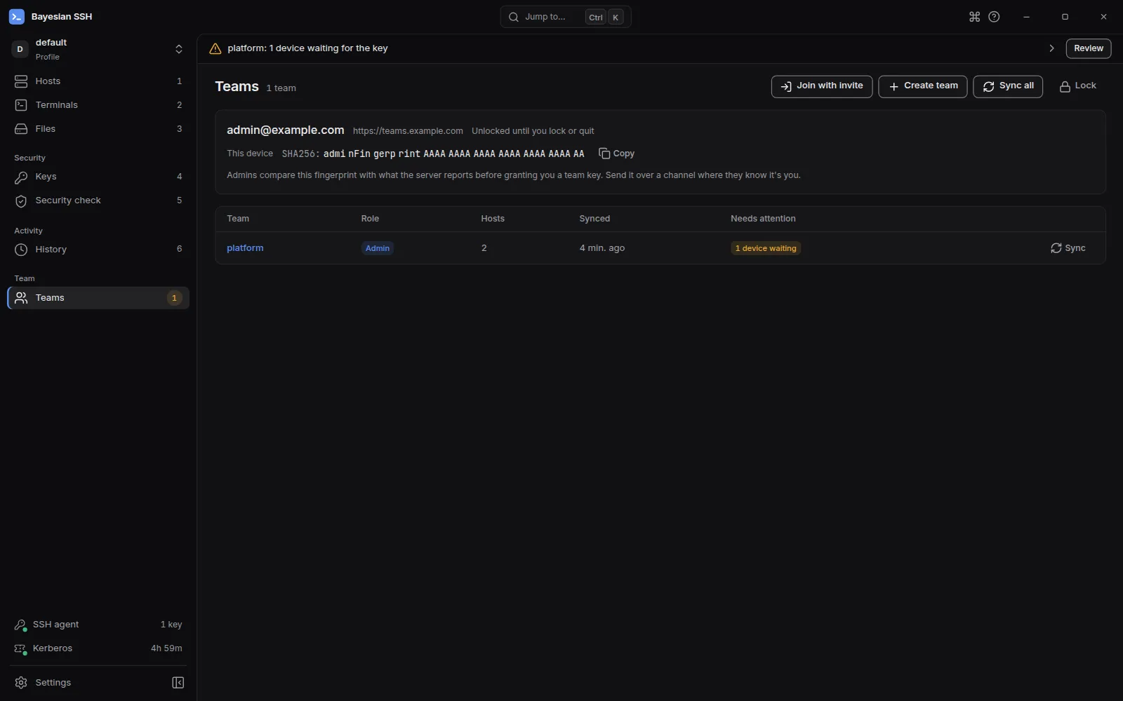 The Teams page: role, host count, last sync and needs attention per team